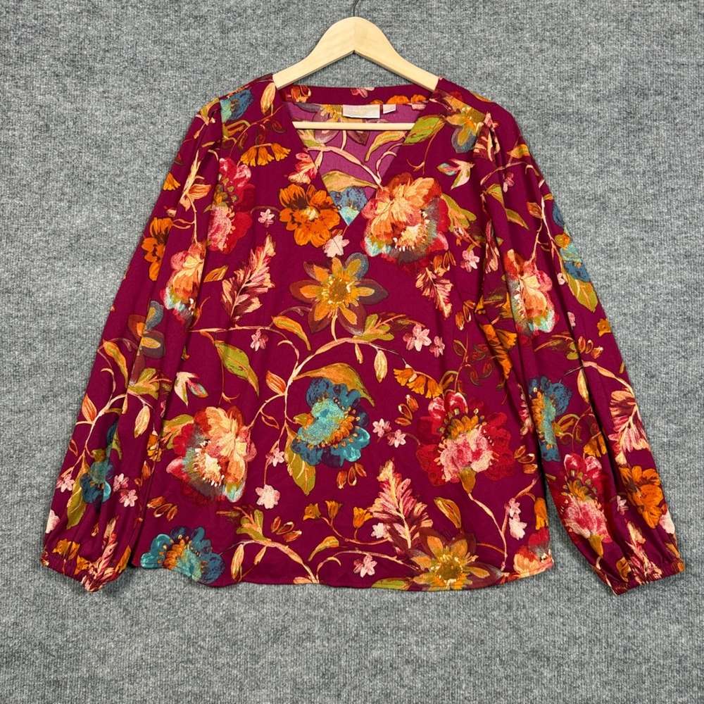 Bell by Kim Gravel Size Large‎ Top Blouse Maroon Floral Boho V Neck Puff Sleeves